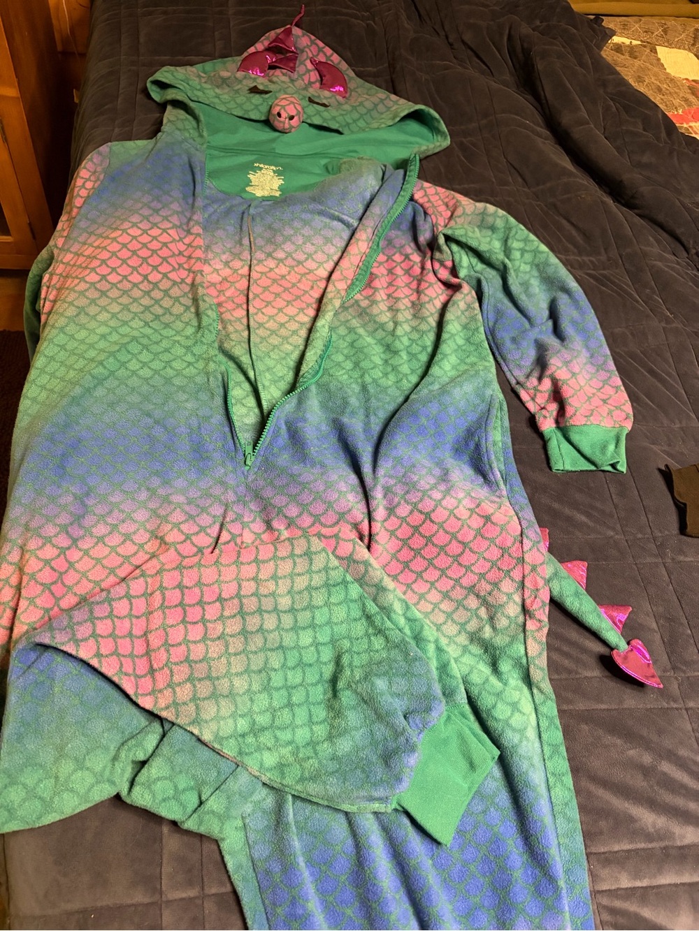 Dragon Mermaid Scale Hooded Onesie Pajamas - Pink Green Blue